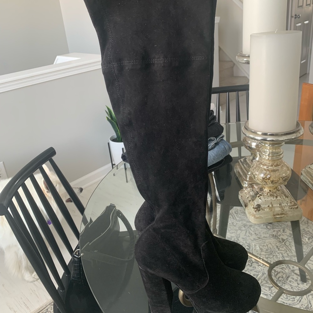 Black velvet knee high boots